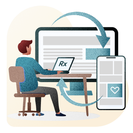 A clinician sitting at a desk working with Pharmacierge's compatible e-Prescription platform